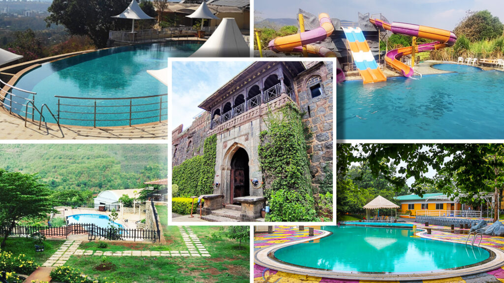 A collage of diverse pools and a historic stone building. Includes infinity and circular pools, colorful water slides, lush greenery, and vibrant surroundings.