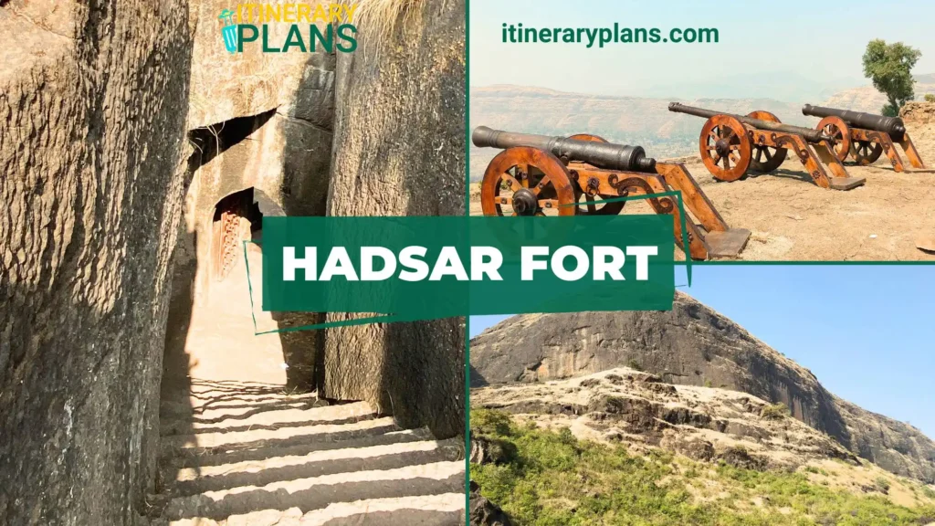 A collage of Hadsar Fort images. Left: stone steps leading to a cave entrance. Top right: three old cannons on a rocky landscape. Bottom right: a rugged hill under a clear blue sky.