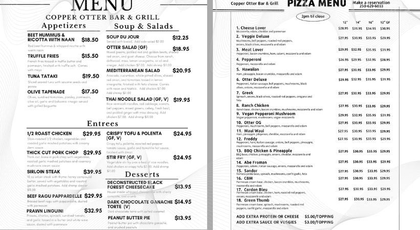 Copper Otter Bar and Grill Menu