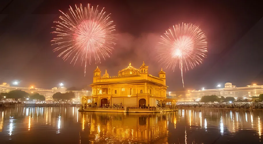 Golden Temple illuminated with lights and fireworks during Diwali in Amritsar.