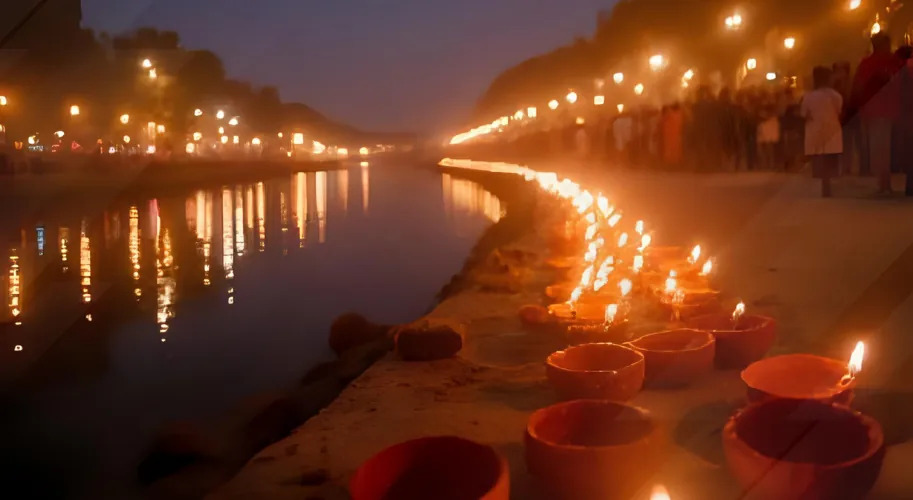 Millions of diyas lit along the Sarayu River during Diwali celebrations in Ayodhya.