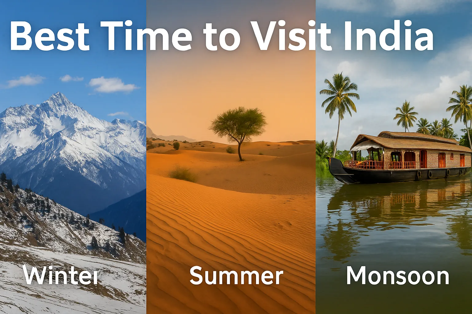 Seasonal landscapes of India showing Himalayas in winter, Rajasthan desert in summer, and Kerala backwaters in monsoon
