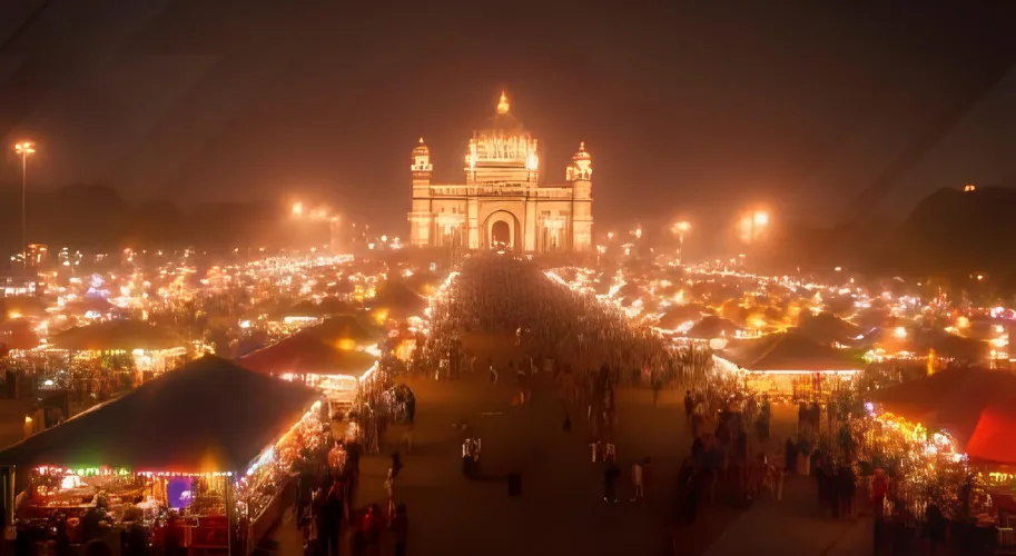 Ramlila Maidan fair and illuminated markets in Delhi during Diwali festival.