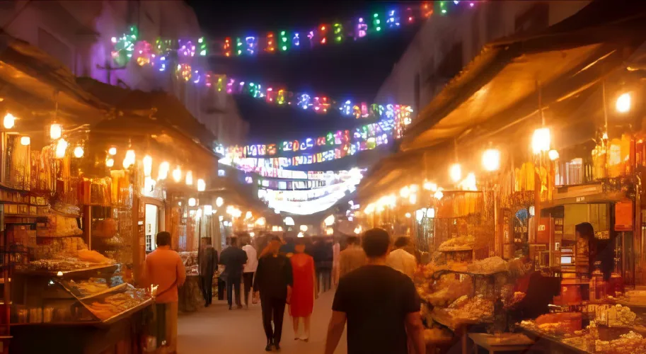 Johari Bazaar in Jaipur decorated with colorful lights during Diwali celebrations.