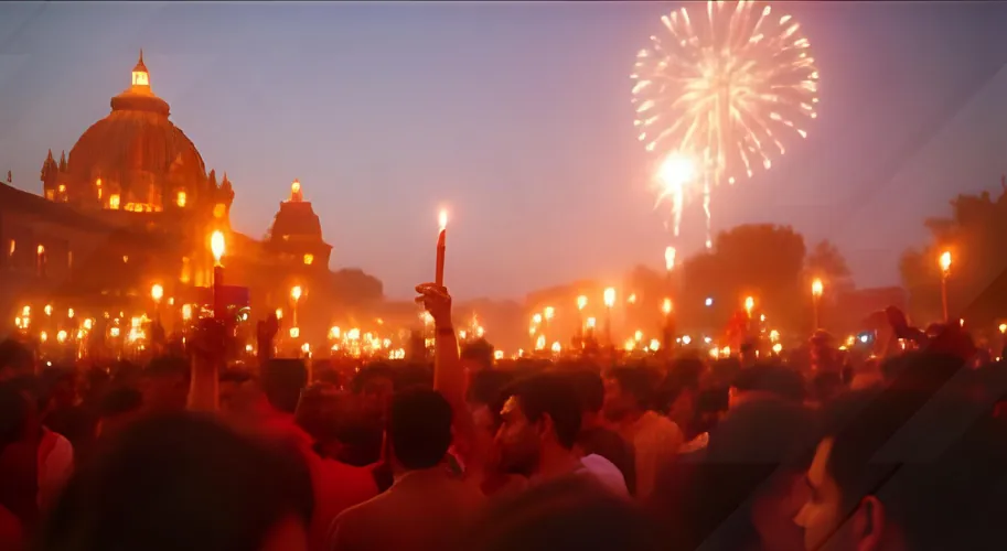 People celebrating Diwali with temple rituals and fireworks in Madurai, Tamil Nadu.