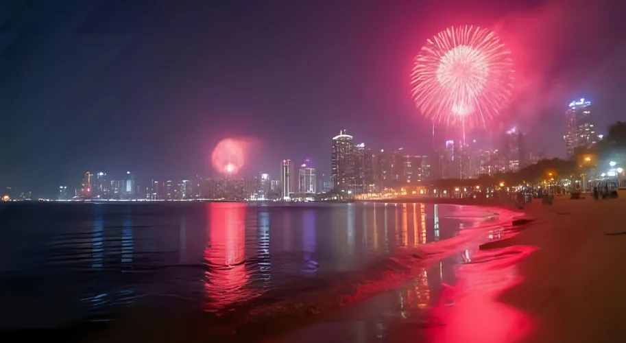 Marine Drive skyline lit up with fireworks during Diwali night in Mumbai