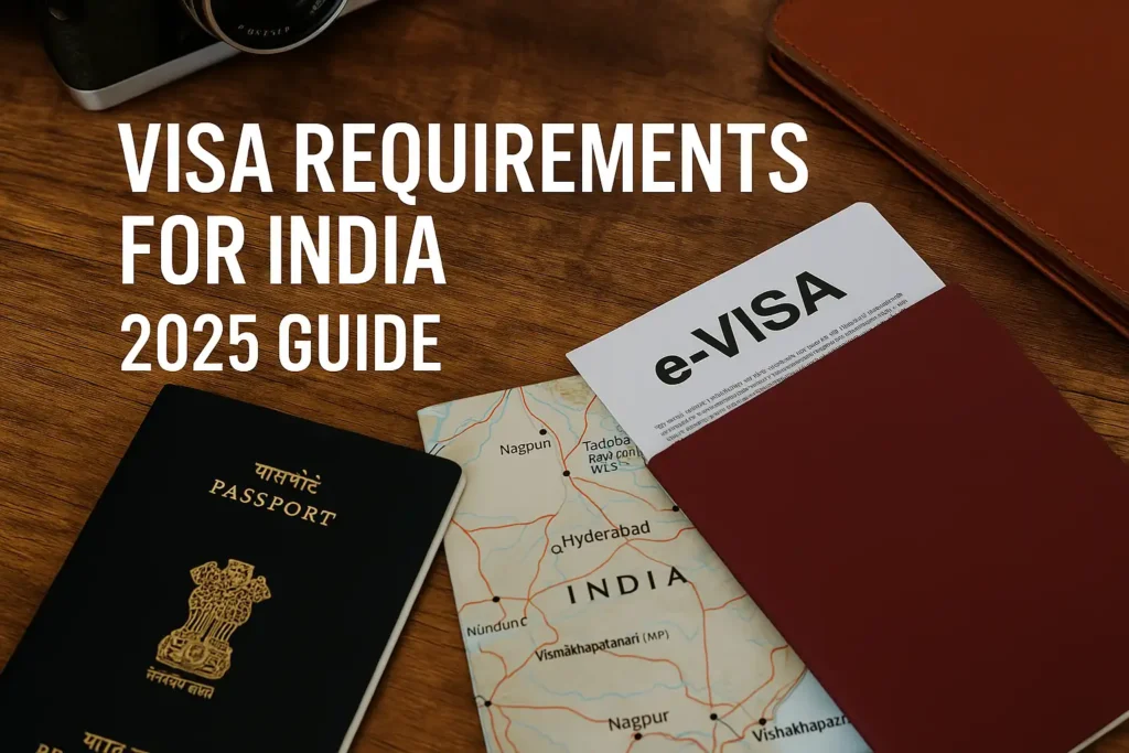 Indian passport with an e-Visa document on a travel guide map. Visa Requirements