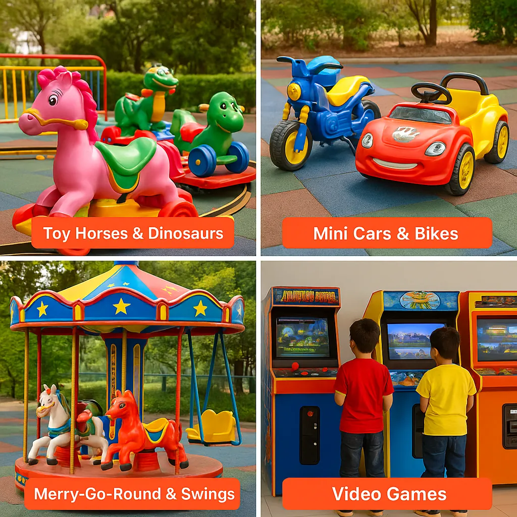 "Collage of kids’ play activities at Shangrila Resort featuring toy horses & dinosaurs, mini cars & bikes, merry-go-round with swings, and video games.