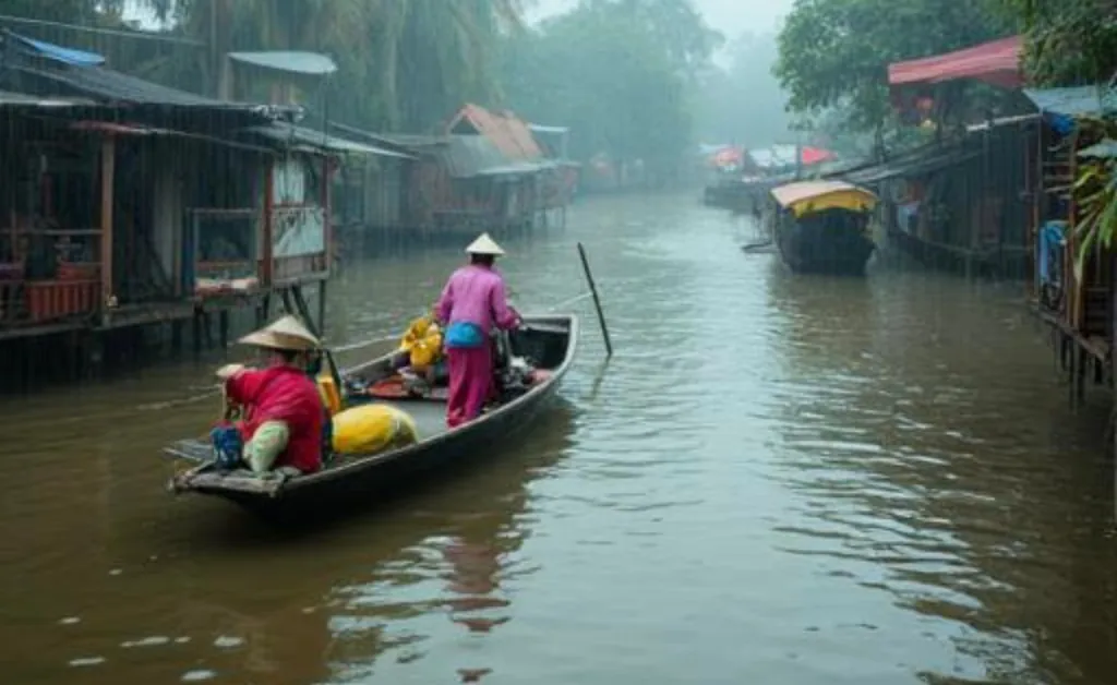 Mekong Delta flooded river channels during afternoon rain, southern Vietnam.