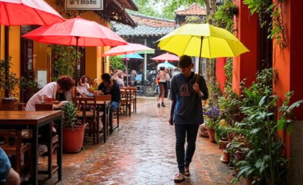 Visitors enjoying indoor attractions in Hanoi, Vietnam during the rainy season.