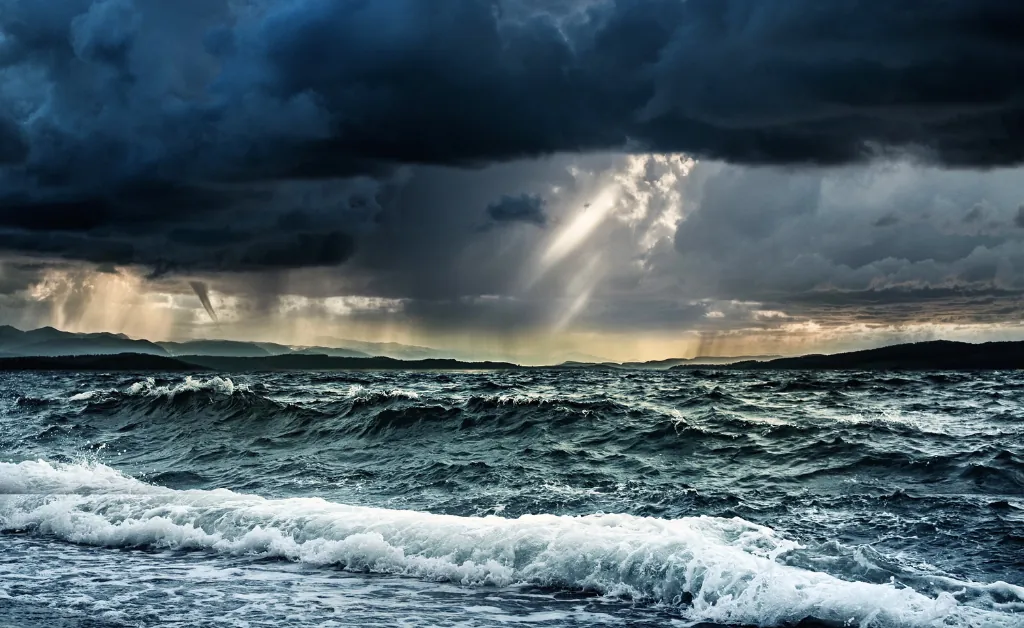 Stormy Da Nang beach with rough waves during rainy season in central Vietnam.