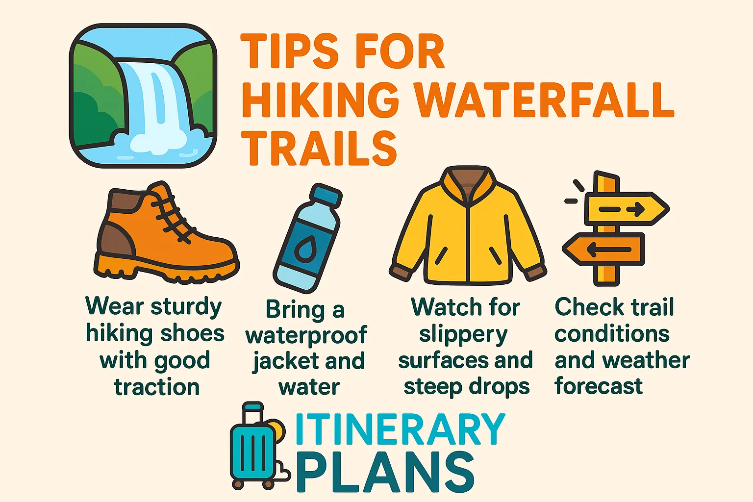 Infographic showing tips for hiking waterfall trails with bold icons for shoes, water bottle, jacket, and signpost, branded by Itinerary Plans.
