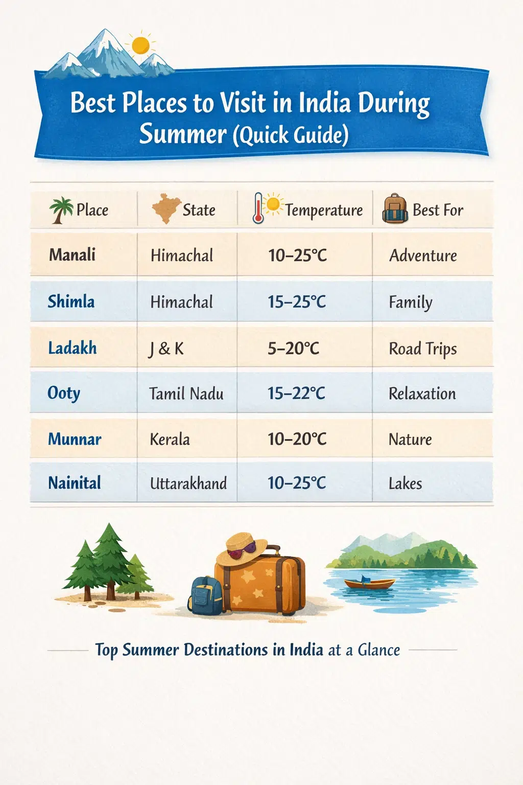 Best places to visit in India during summer table with temperature and travel tips