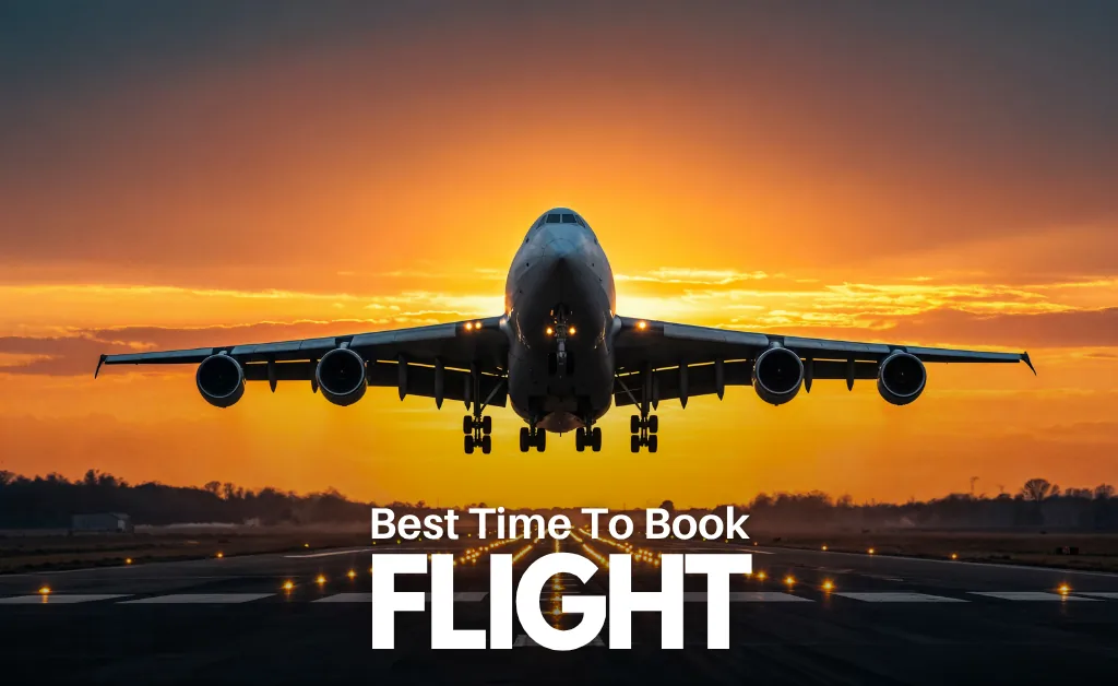 Airplane taking off at sunset with vibrant orange sky. Bold white text reads "Best Time To Book FLIGHT," conveying urgency and travel theme.