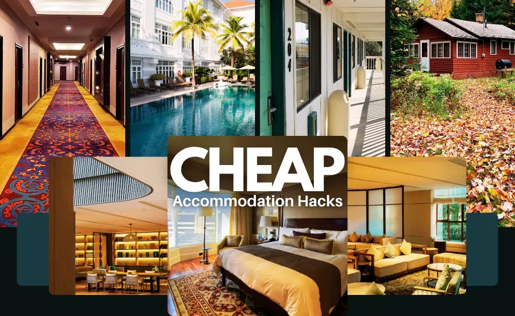 Collage of diverse accommodations featuring a hotel corridor, poolside mansion, motel, cozy cabin, and luxurious rooms. Text reads "CHEAP Accommodation Hacks."