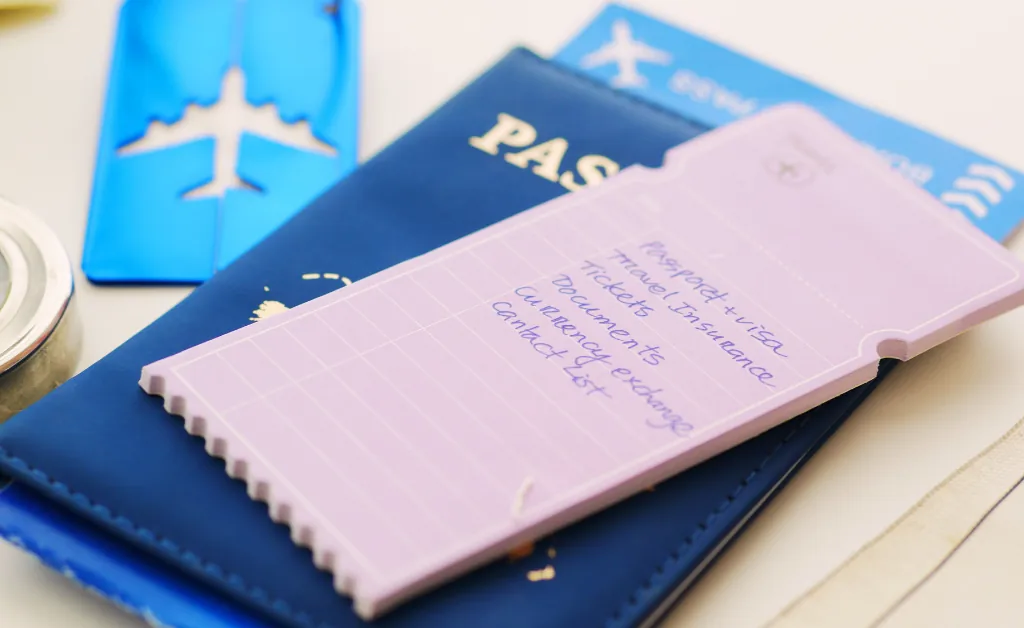A passport and travel tickets are partially visible under a notepad shaped like a boarding pass, which lists travel essentials in handwritten text. travel checklist