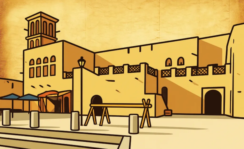 Illustration of an old, beige fort with arched windows and a tall tower against a textured beige background. Umbrellas and bollards in the foreground.