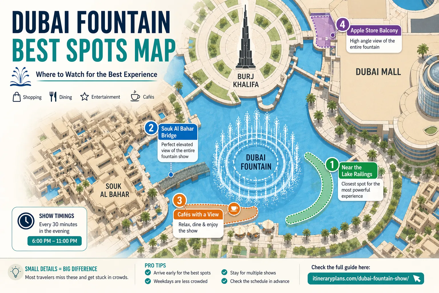 Map titled "Dubai Fountain Best Spots Map" shows key viewing areas around Dubai Fountain. Notable spots include Souk Al Bahar Bridge, cafes with views, and Apple Store Balcony. Show timings: 6 PM to 11 PM.