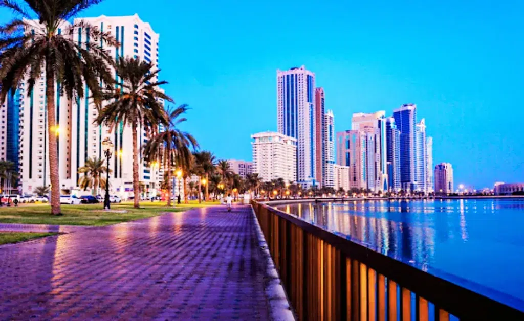 Scenic waterfront view of a city skyline at dusk with tall, illuminated skyscrapers. Palm trees and streetlights line a paved promenade. Calm water reflects the city lights, creating a tranquil atmosphere.