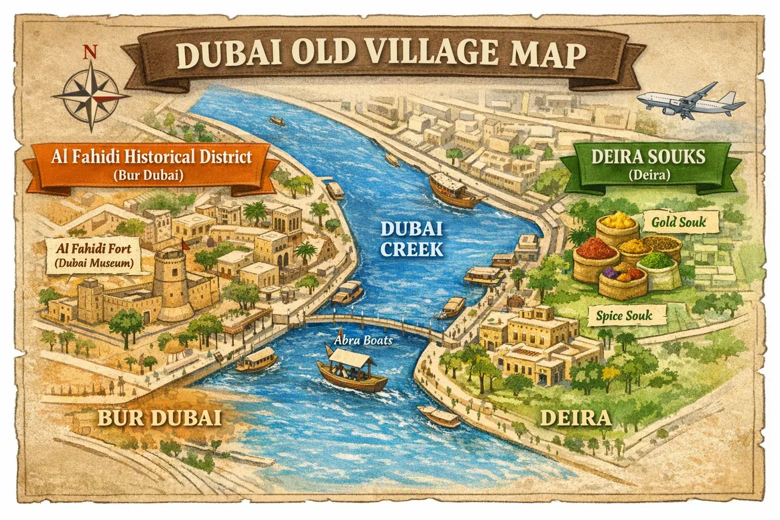 Illustrated map of Dubai Old Village shows Dubai Creek separating Bur Dubai and Deira. Highlights include Al Fahidi Fort and Deira Souks with vibrant market icons. Abra boats traverse the creek, and a compass and airplane add detail. Warm, inviting tone.