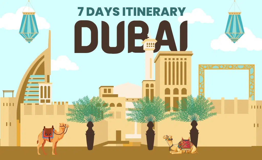 Illustration of Dubai skyline with iconic buildings, camels, and palm trees under a clear sky. Text reads "7 Days Itinerary Dubai." Vibrant and inviting. Dubai itinerary