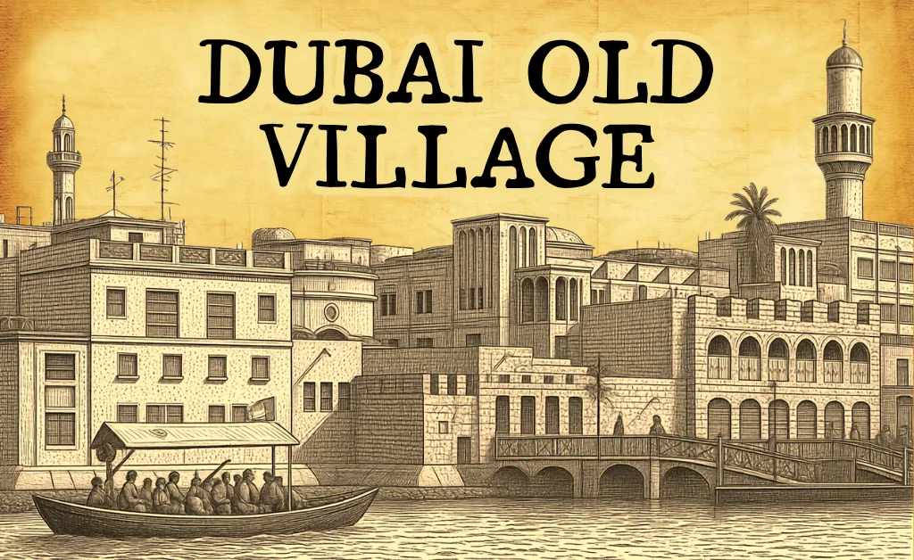 Illustration of Dubai Old Village, featuring traditional architecture with domes and minarets by the waterfront; a boat glides across the water.