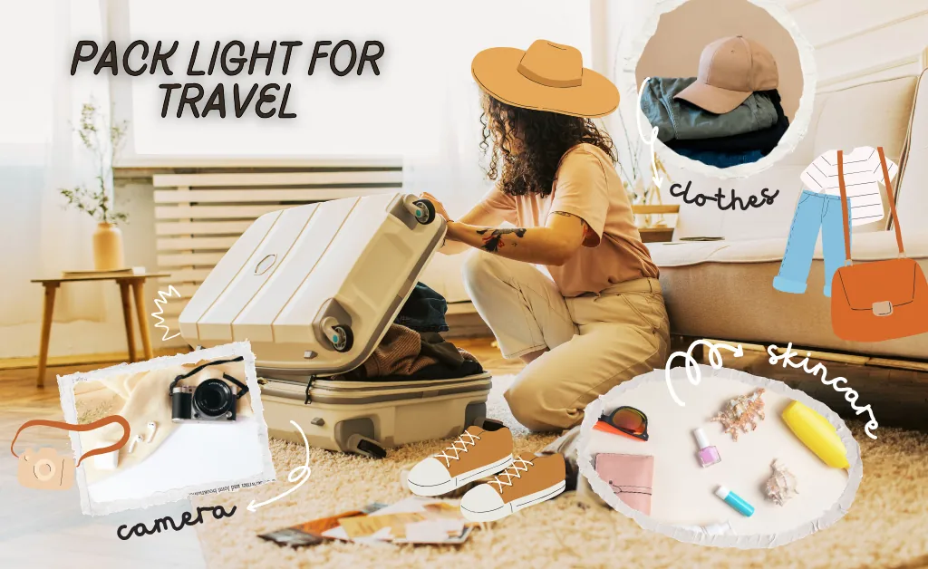 A woman in casual attire packs a suitcase in a bright room. Text reads "Pack Light for Travel." Illustrated items include clothes, a camera, toiletries, and sneakers, suggesting essential travel items. The tone is organized and cheerful.