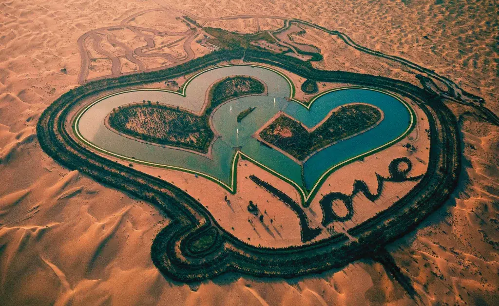 Aerial view of two connected, heart-shaped lakes in a desert landscape with "Love" inscribed in the sand. The scene conveys romance and creativity.
