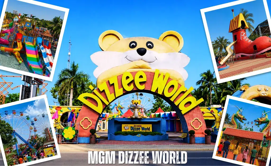 Colorful entrance of MGM Dizzee World with a large whimsical bear face. Surrounding images feature vibrant amusement park rides and attractions. Playful tone.