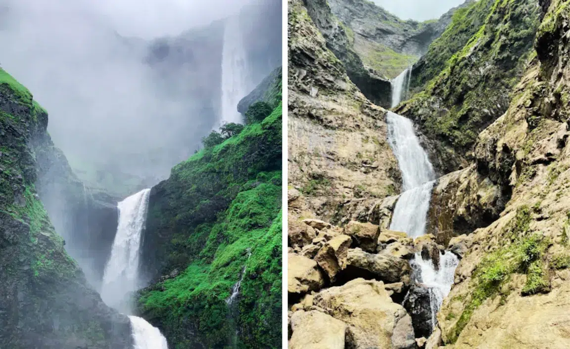 Dual-image showing impressive waterfalls. Left: Lush, foggy scene with cascading water. Right: Waterfall in rocky terrain, vibrant and dramatic.