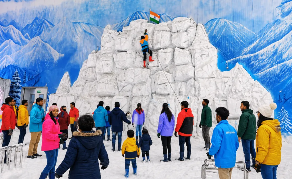 A climber scales an artificial snowy peak, waving an Indian flag. Onlookers bundled in colorful winter gear watch against a backdrop of painted mountains.