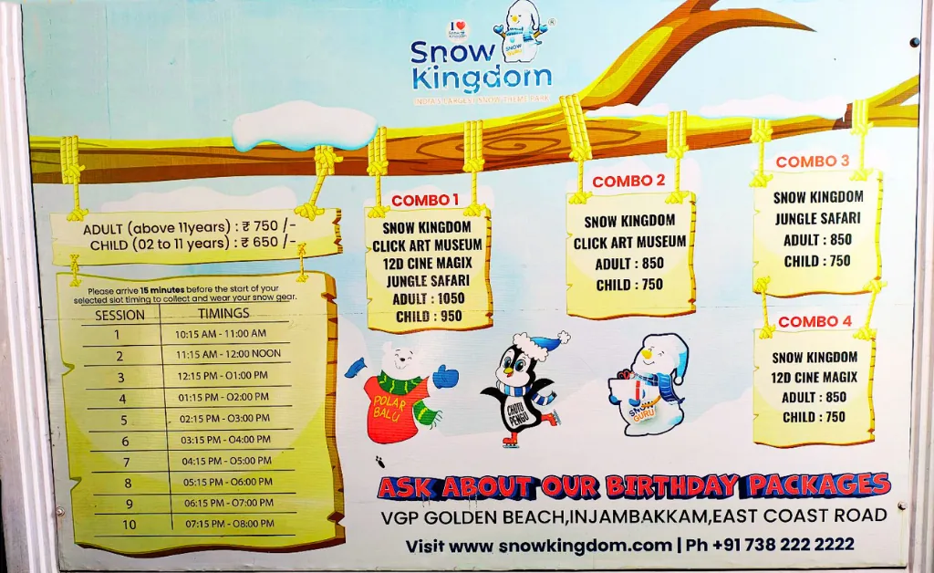 Poster for Snow Kingdom at VGP Golden Beach, Chennai. Shows ticket prices with fun cartoon characters, combo offers, session timings, and contact info.