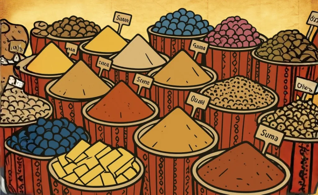 Illustration of vibrant spice market display with various colorful mounds of spices in red containers, each labeled. Warm, lively atmosphere.
