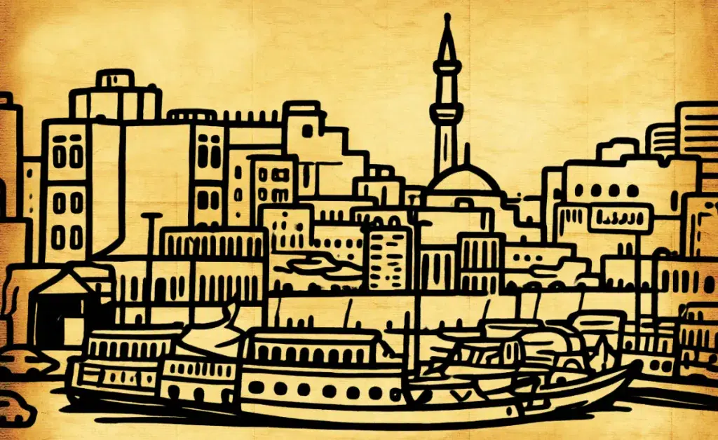 Illustration of a cityscape with a skyline of buildings and a domed mosque, set against a textured beige background. Boats in the foreground suggest a riverside scene.
