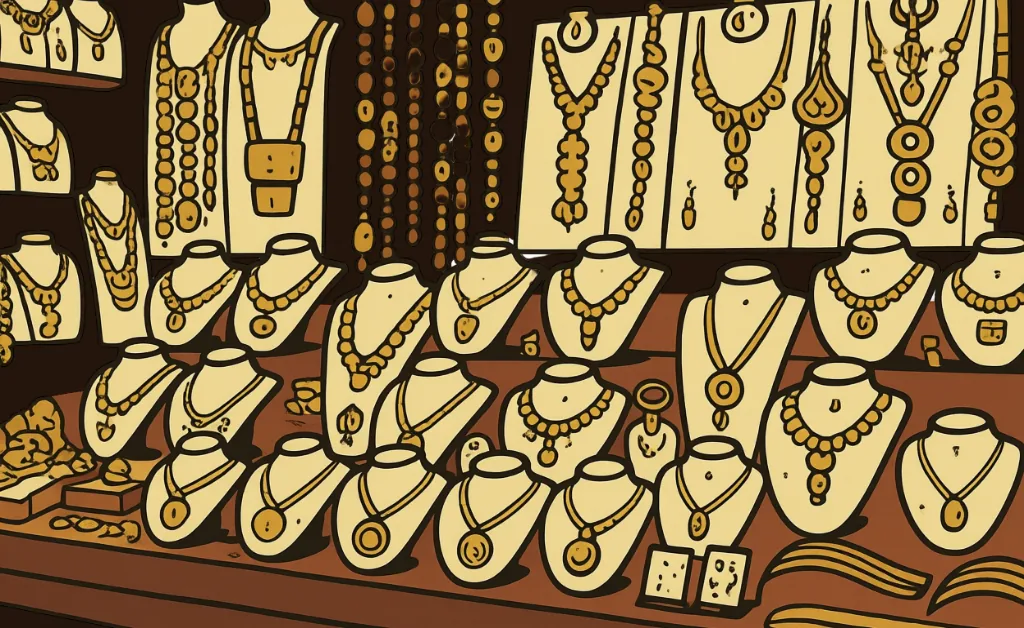 Illustrated jewelry display with various gold necklaces hanging on busts and walls, conveying a luxurious and opulent atmosphere.