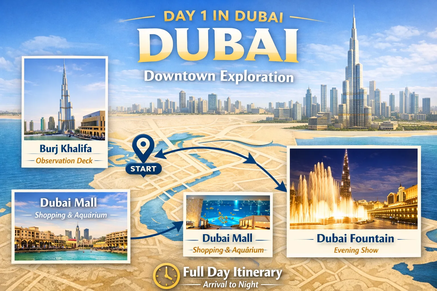 Infographic titled "Day 1 in Dubai: Downtown Exploration." Features Burj Khalifa, Dubai Mall, and Dubai Fountain with arrows showing itinerary flow.