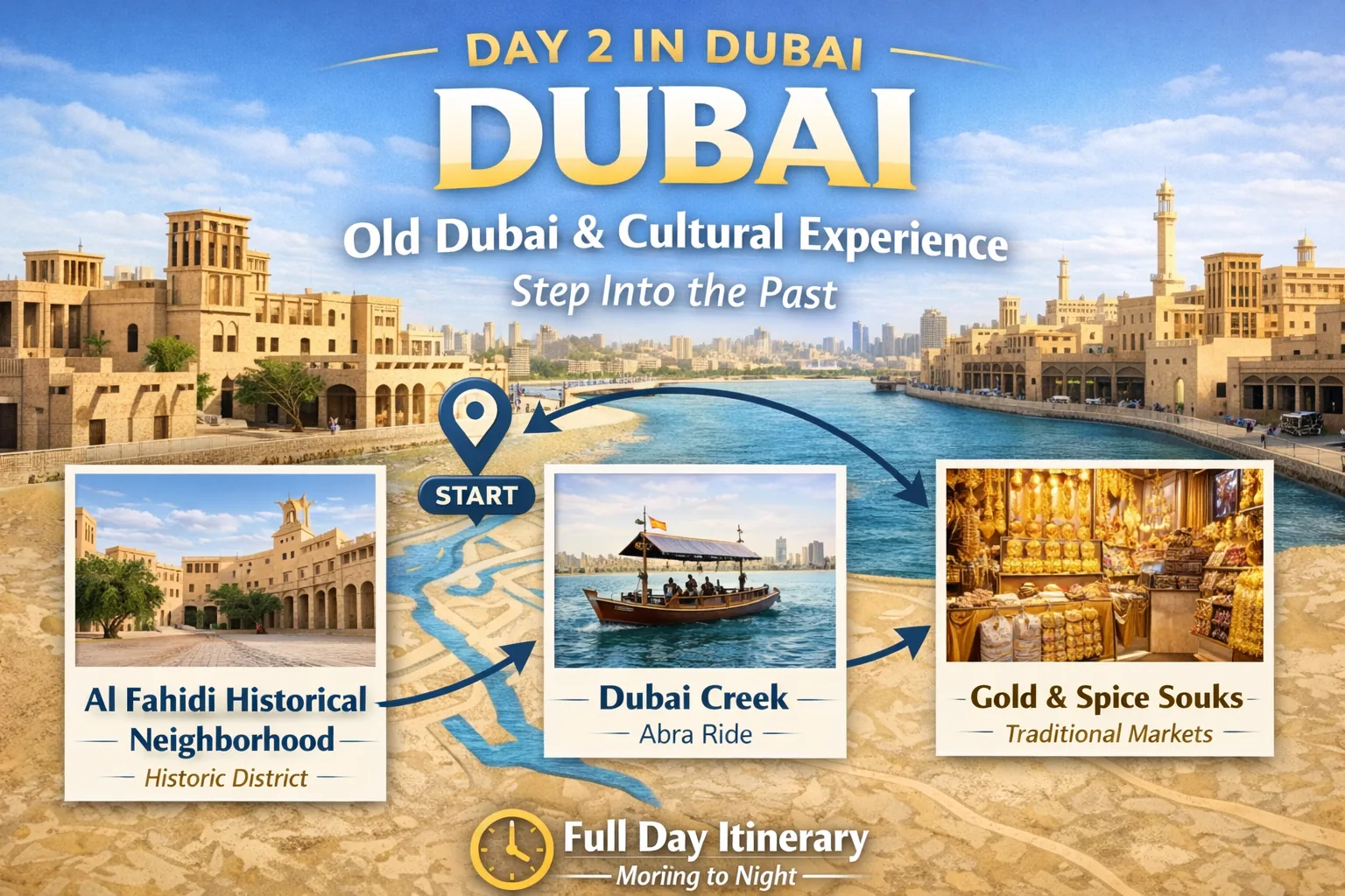 Overview of a Dubai day itinerary featuring the Al Fahidi Historical Neighborhood, a Dubai Creek abra ride, and Gold & Spice Souks. Background shows traditional architecture, suggesting a cultural experience. Text highlights a full-day plan, evoking a sense of historical exploration.