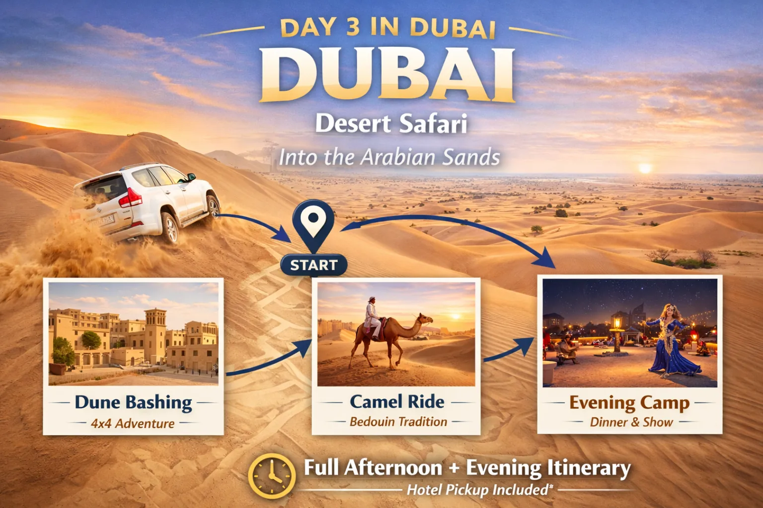 Promotional image for a Dubai desert safari, highlighting dune bashing, camel rides, and an evening camp with dinner and a show against a sunset desert backdrop.