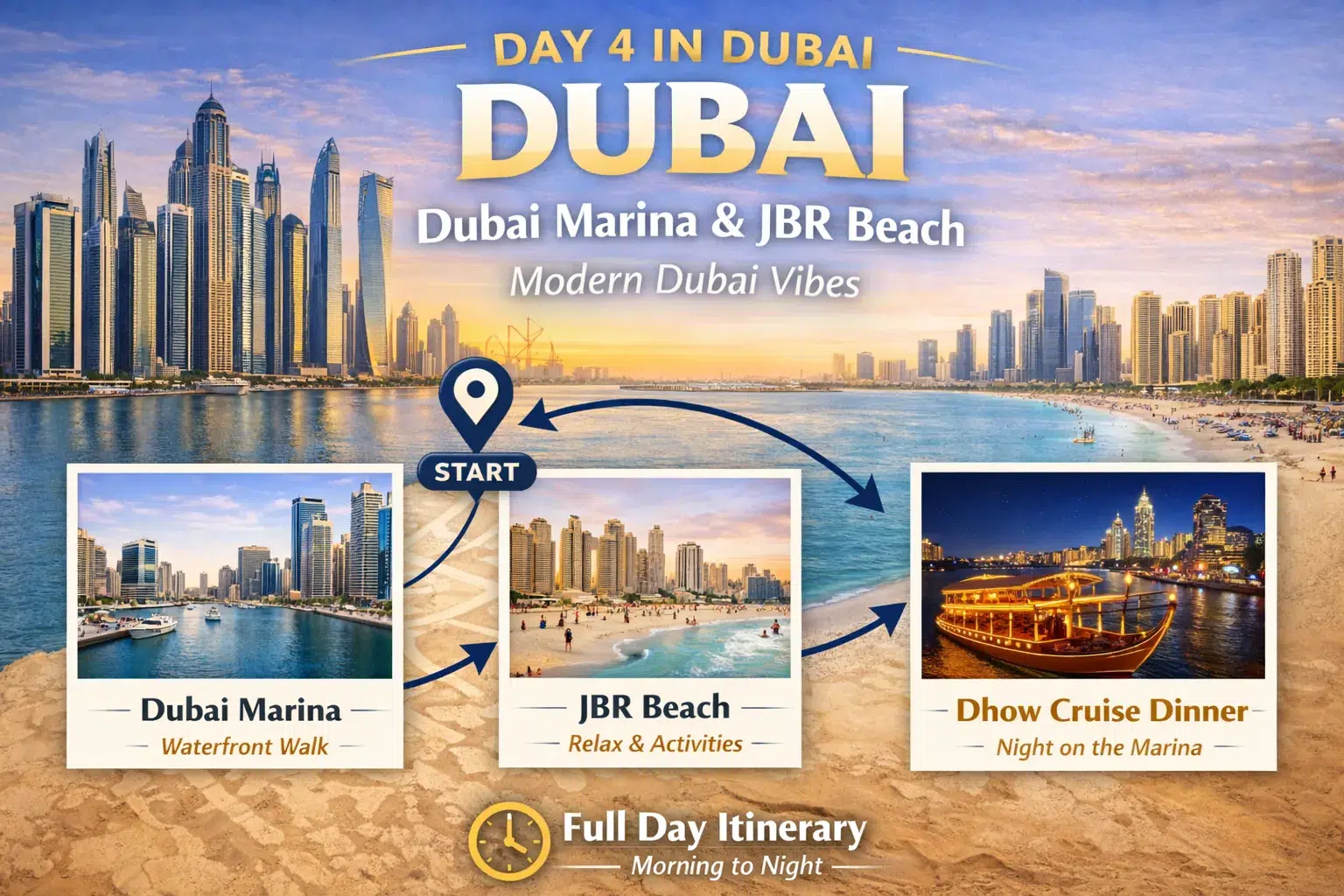 Infographic of Dubai itinerary with images of Dubai Marina, JBR Beach, and a dhown cruise. The tone is vibrant and modern, highlighting activities.