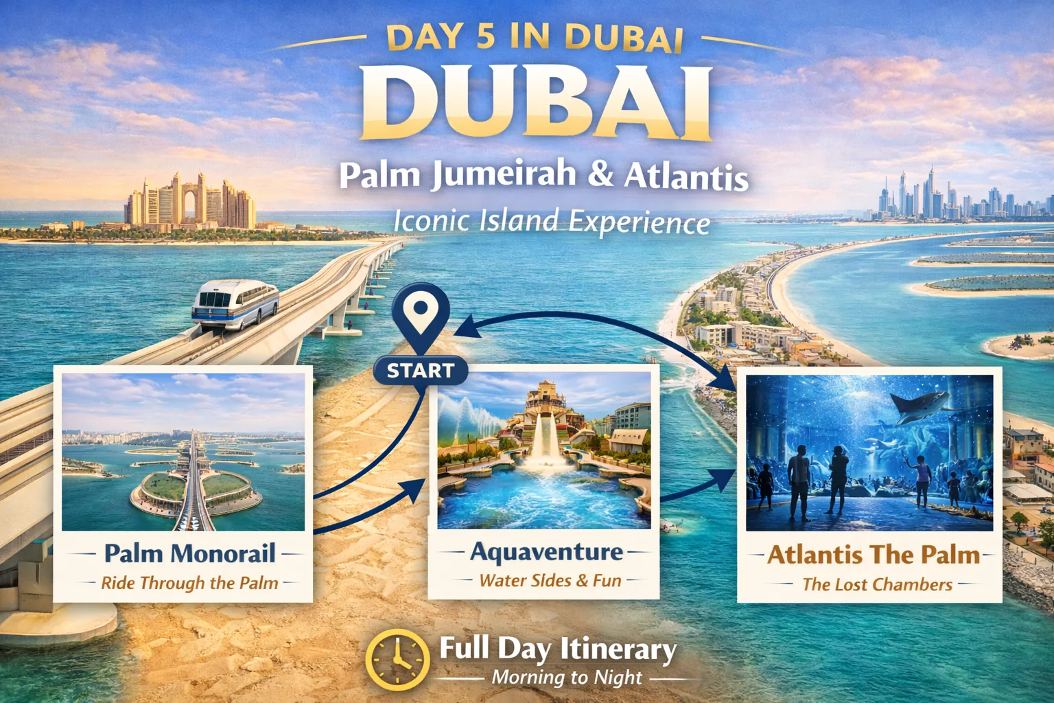 Day 5 itinerary in Dubai features Palm Jumeirah's monorail, Aquaventure, and Atlantis The Palm's Lost Chambers against a sunny, coastal backdrop.