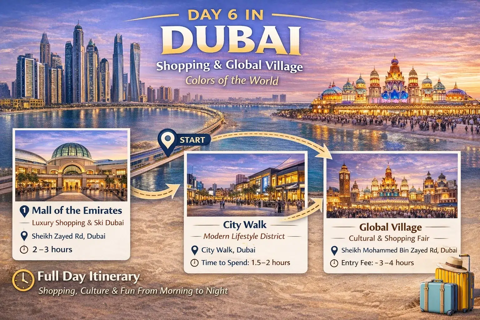 Scenic itinerary of Dubai featuring skyscrapers and cultural landmarks. Highlights: Mall of the Emirates, City Walk, Global Village; shopping and cultural experiences.