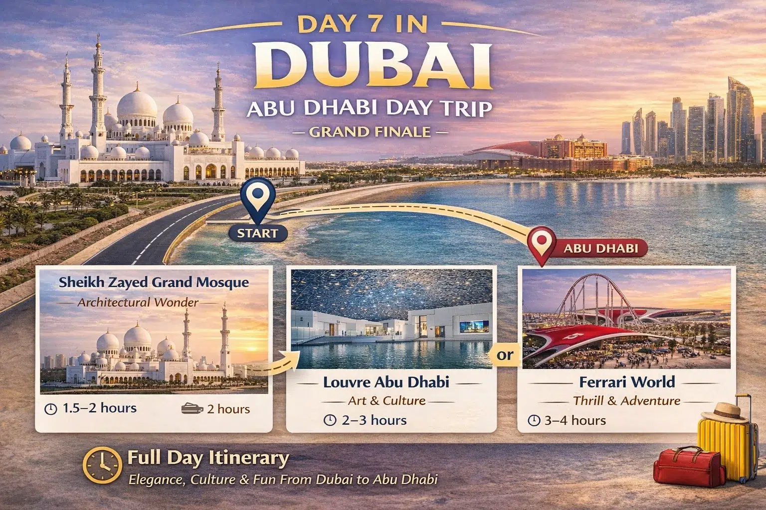 Day itinerary poster for a Dubai to Abu Dhabi trip features the Sheikh Zayed Grand Mosque, Louvre Abu Dhabi, and Ferrari World. Highlights elegance, culture, and adventure.