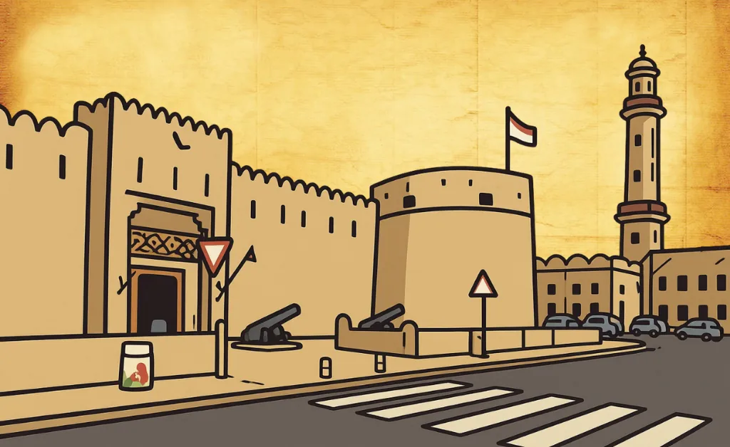 Illustration of a historic fort with cannons out front, a flag on a central tower, and a minaret in the background. The scene has a warm, vintage tone.