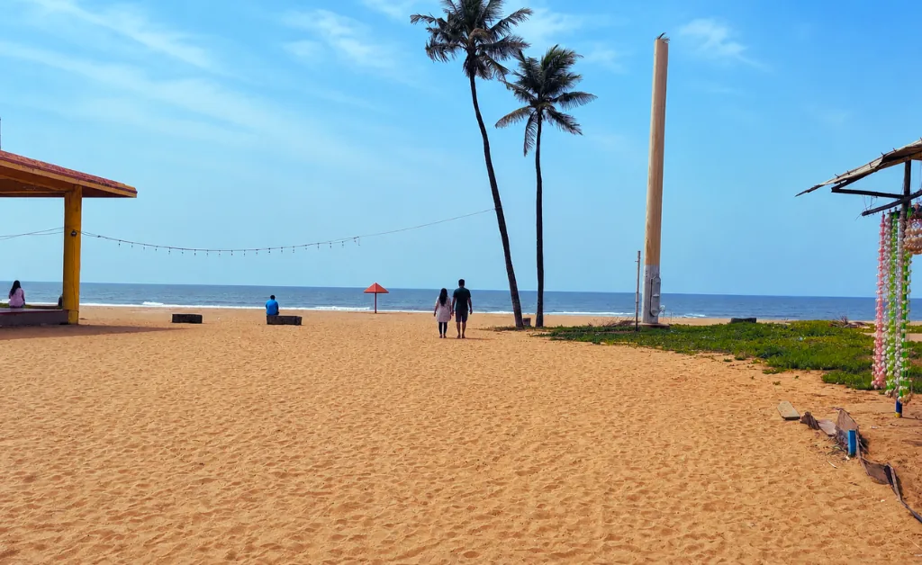 A serene beach scene with a couple walking on golden sand, framed by tall palm trees. A clear blue sky meets the calm ocean in the background.