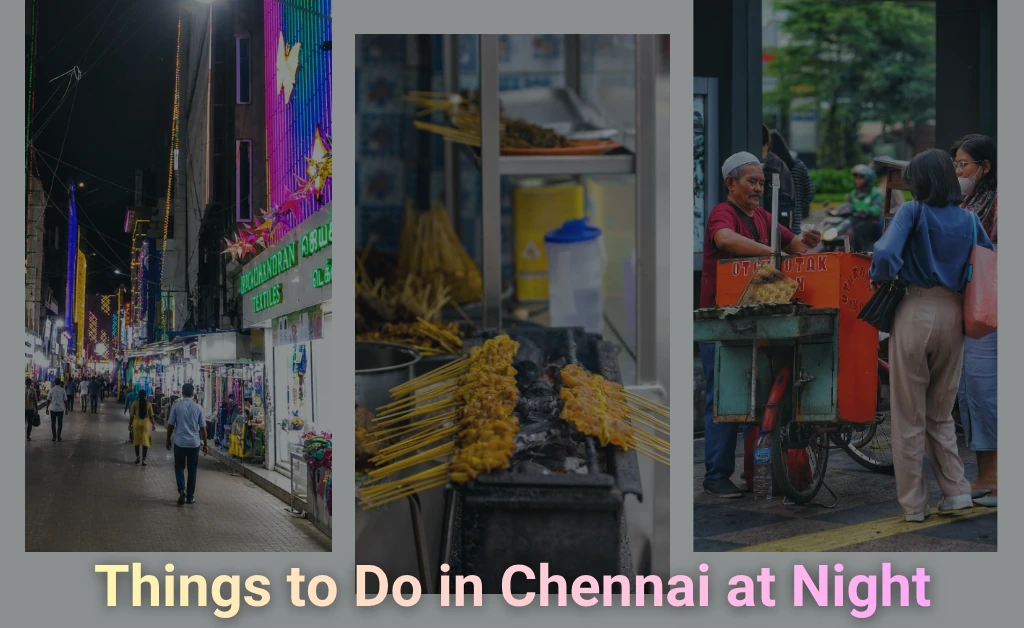 Night scene in Chennai divided into three panels: a vibrant street with neon lights and pedestrians, skewered food grilling on a street vendor's stall, and people buying snacks from a street vendor. Text at the bottom reads 'Things to Do in Chennai at Night.'