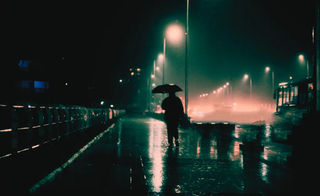 A solitary figure under an umbrella walks on a dimly lit, rainy street at night. Streetlights cast a moody glow on the wet pavement.