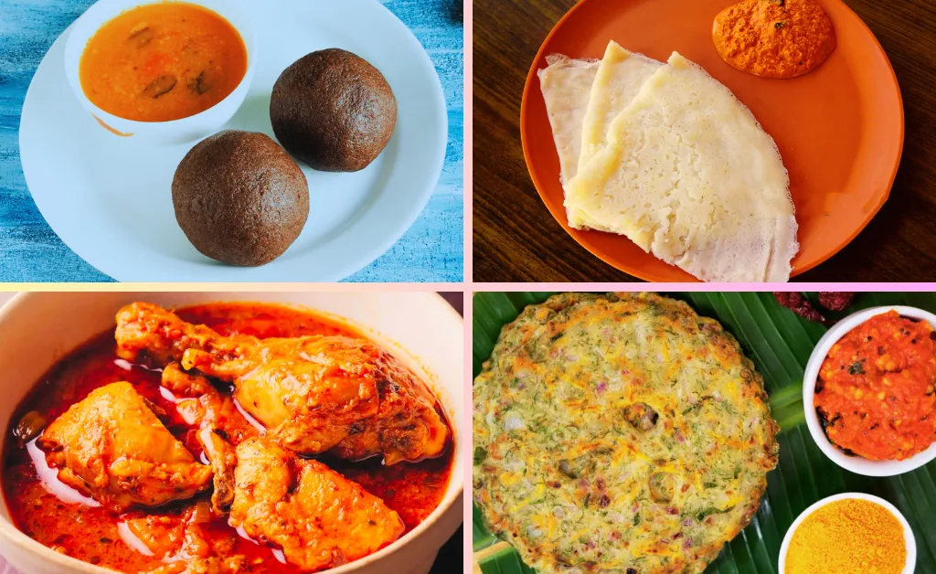 A collage of four Indian dishes: ragi mudde with sambar, dosa with chutney, spicy chicken curry, and vegetable omelette with chutneys on a banana leaf.