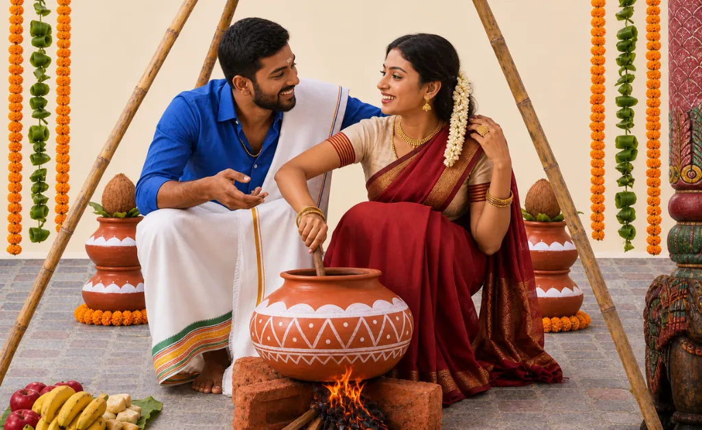 A couple in traditional attire celebrates Pongal, cooking in a clay pot over fire. They share a joyful moment, surrounded by fruits and decorations.