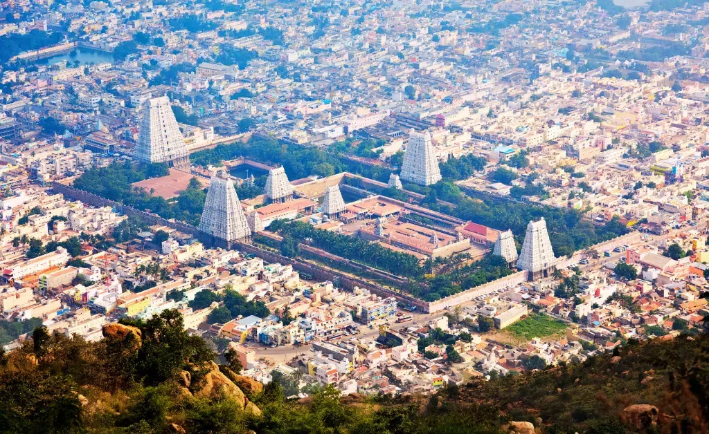 Aerial view of a sprawling city centered around a large temple complex with towering gopurams surrounded by green trees, amidst urban buildings.