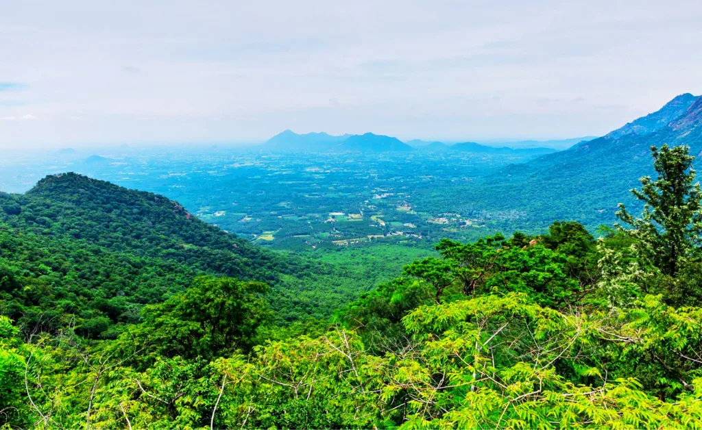 Lush green hills under a clear, expansive sky. Mountains in the distance fade into the horizon, creating a serene, vast landscape.
